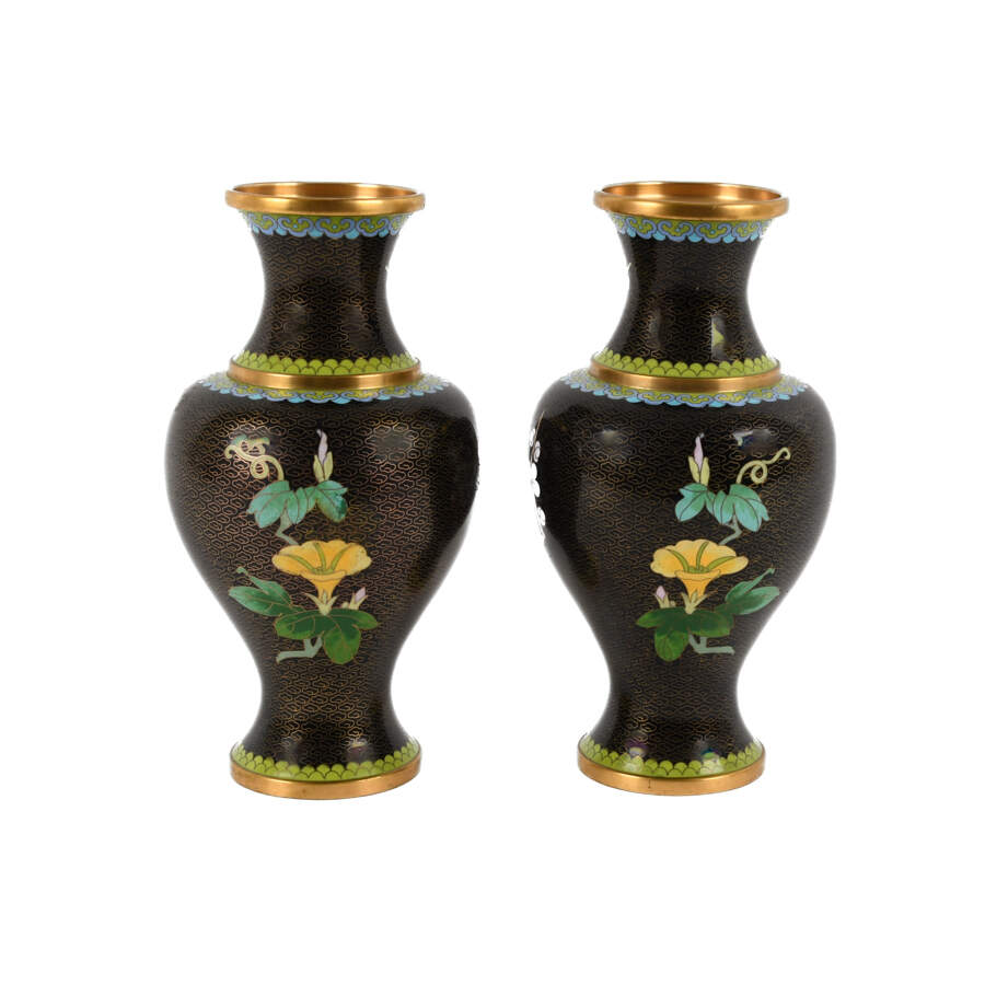 Pair of Black Chinese Cloisonné Cherry Blossom Vases-3
