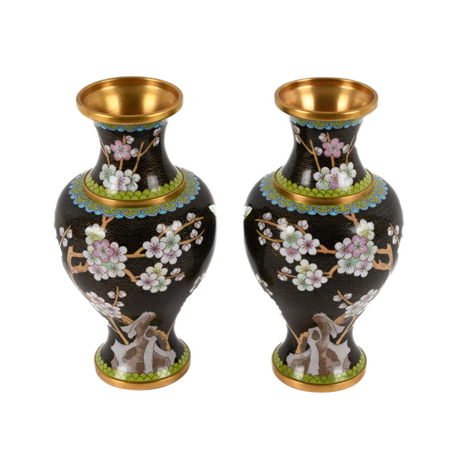 Pair of Black Chinese Cloisonné Cherry Blossom Vases-2