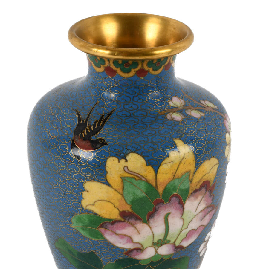 Pair of Blue Chinese Cloisonné Peony and Plum Blossom Vases-5