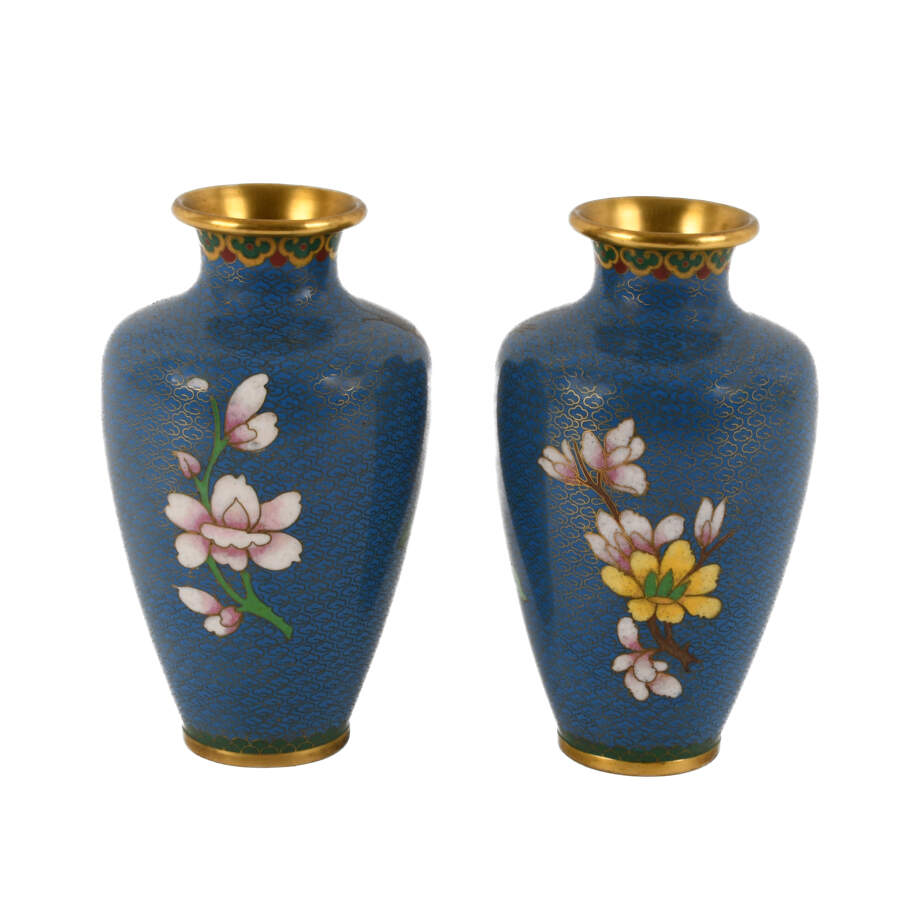 Pair of Blue Chinese Cloisonné Peony and Plum Blossom Vases-4