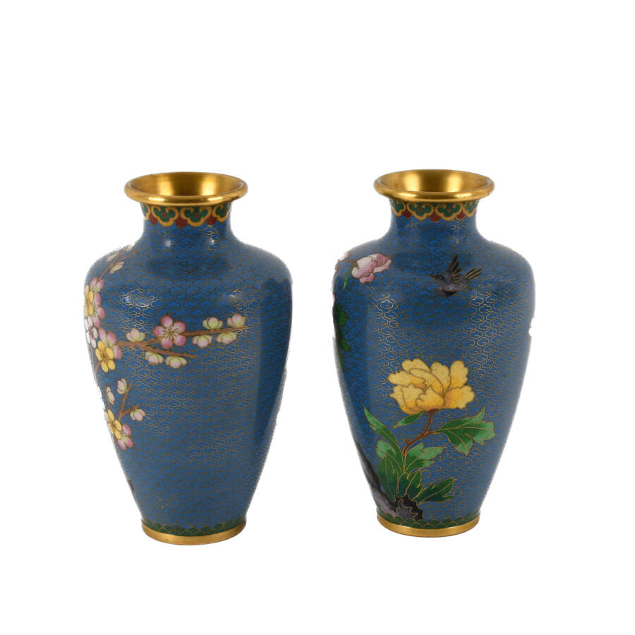 Pair of Blue Chinese Cloisonné Peony and Plum Blossom Vases-3