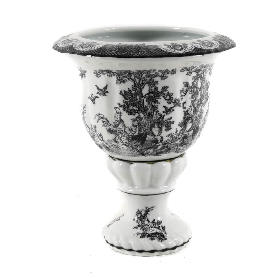 Black and White Pedestal Toile Transfer Planter-2