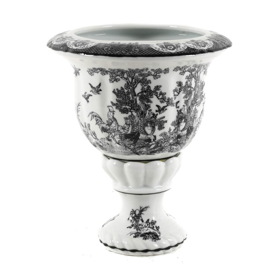 Black and White Pedestal Toile Transfer Planter-1