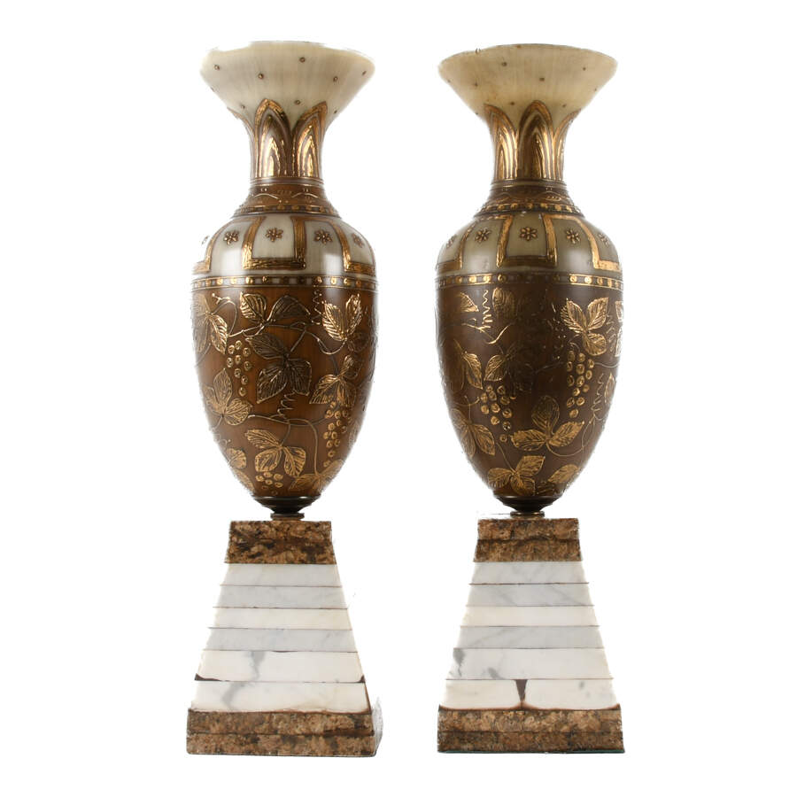 Pair of Urns with Cream-Colored Bodies and Gold Detailing-4