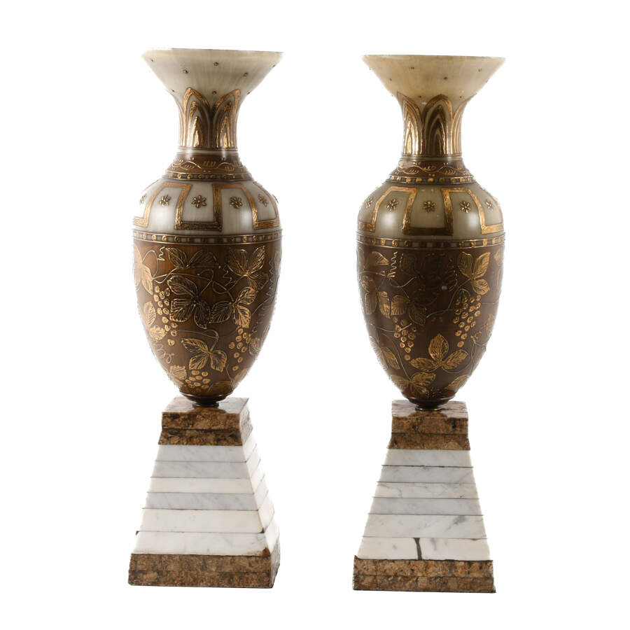Pair of Urns with Cream-Colored Bodies and Gold Detailing-1