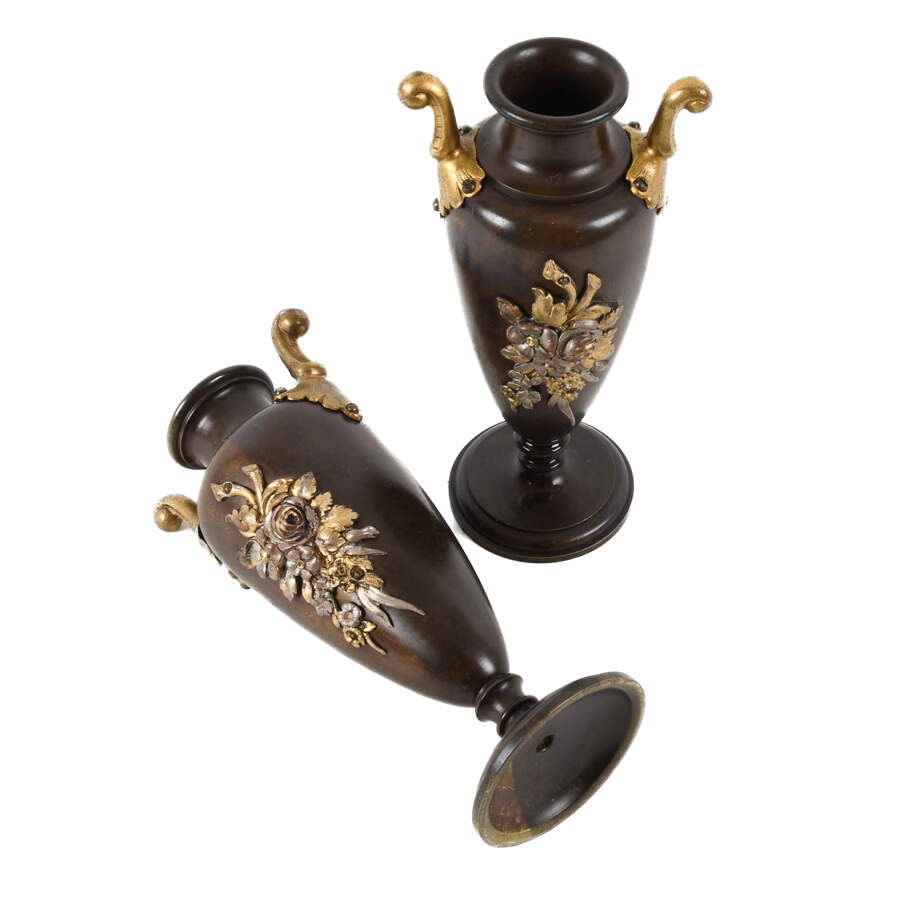 Pair of Miniature Bronze Amphorae Vases with Floral Decorations-5