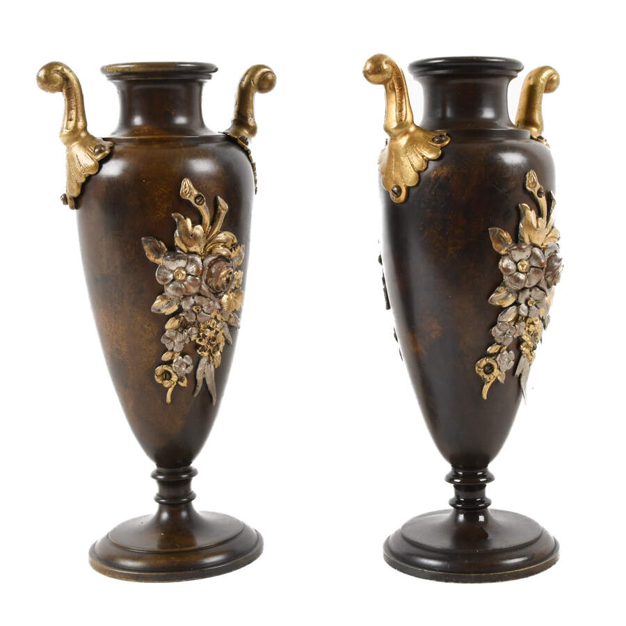 Pair of Miniature Bronze Amphorae Vases with Floral Decorations-4
