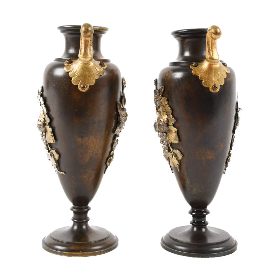 Pair of Miniature Bronze Amphorae Vases with Floral Decorations-3