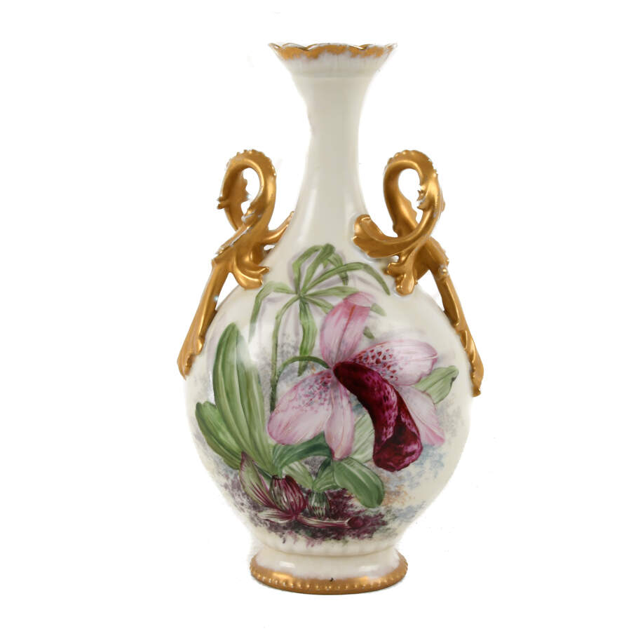 Antique Limoges Hand-Painted Vase with Gilded Twist Handles-1