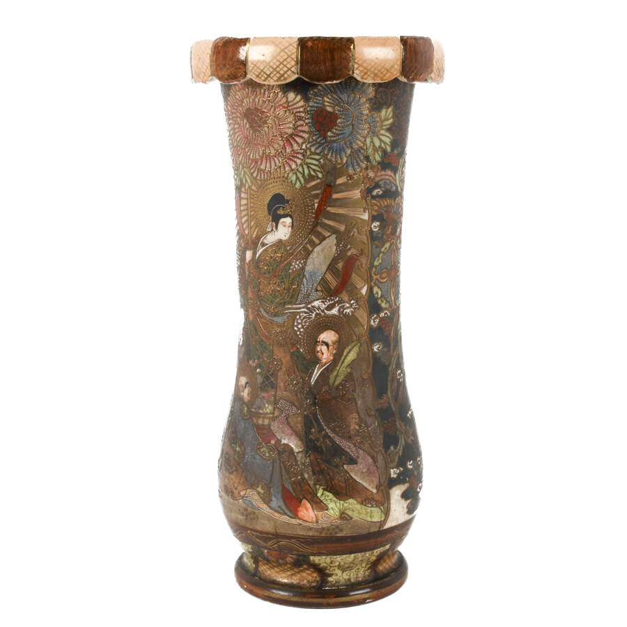 Antique Japanese Scallop Rim Satsuma Moriage Floor Vase-6