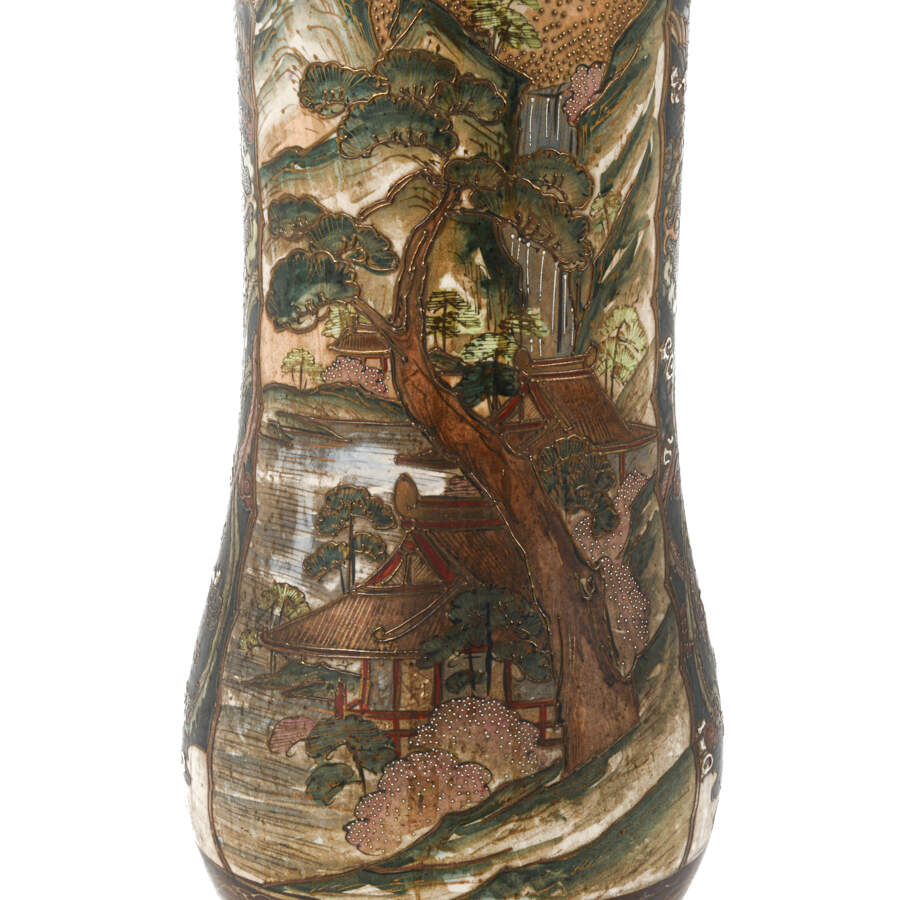 Antique Japanese Scallop Rim Satsuma Moriage Floor Vase-3