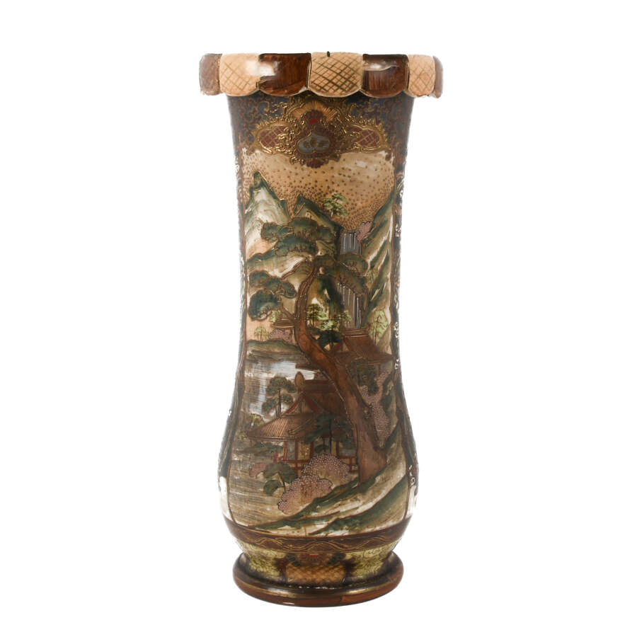 Antique Japanese Scallop Rim Satsuma Moriage Floor Vase-1