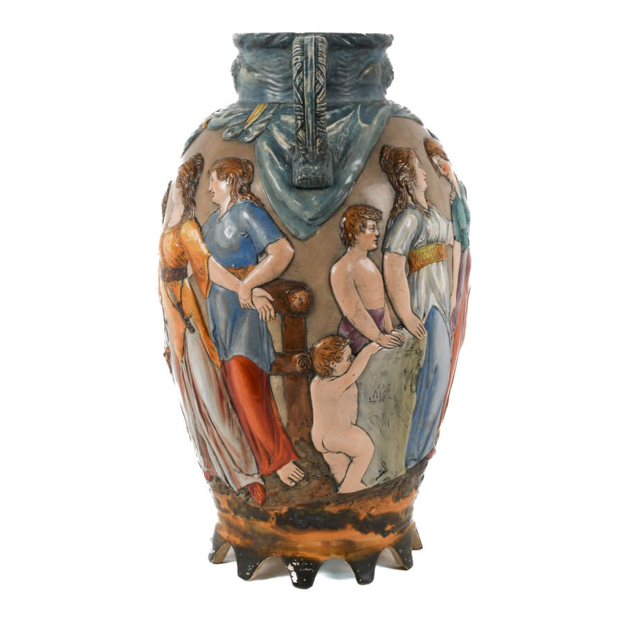 German Hand-painted "Welcome Dear Father" Majolica Dual Handled Vase-5