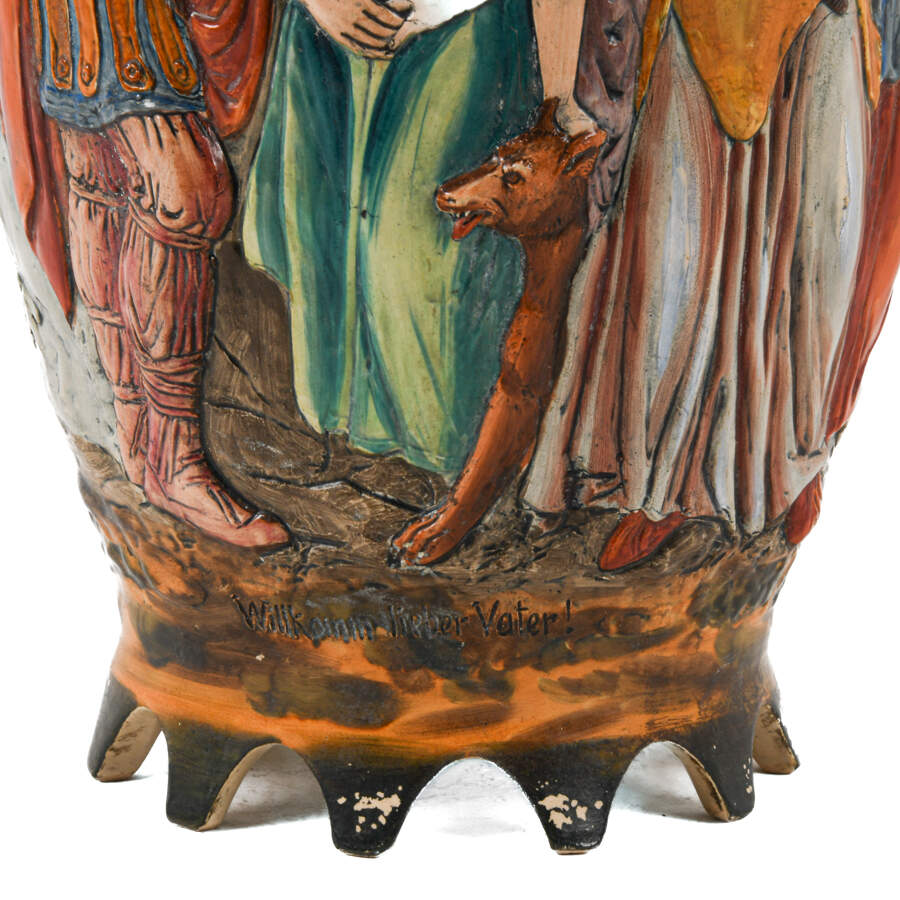 German Hand-painted "Welcome Dear Father" Majolica Dual Handled Vase-4