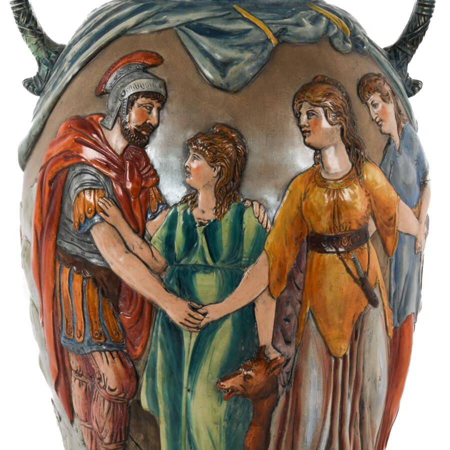 German Hand-painted "Welcome Dear Father" Majolica Dual Handled Vase-3
