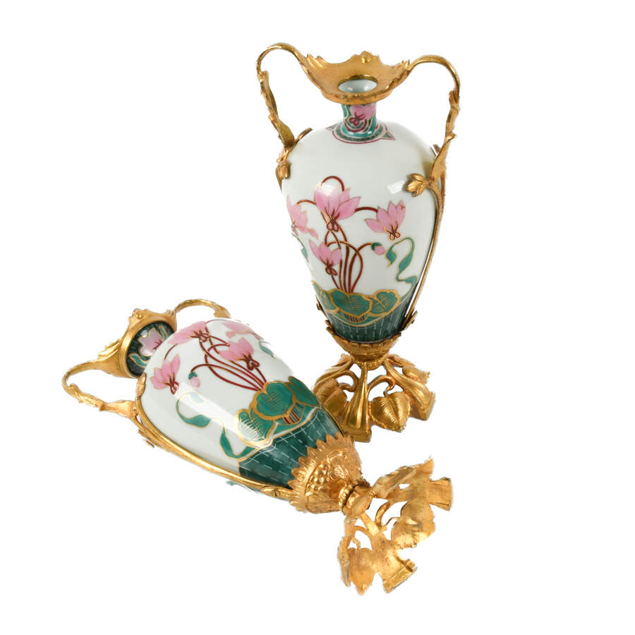 Antique Danish Pair of Art Nouveau Gilt Metal and Porcelain Vases-6