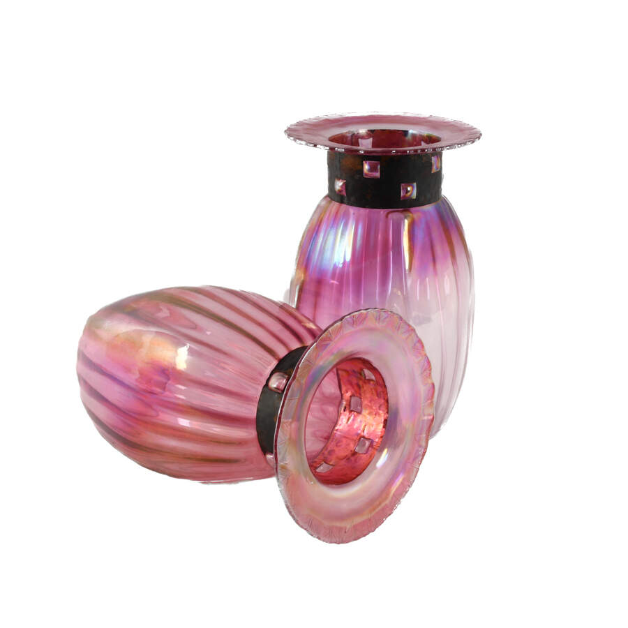 Pair of Blown Iridescent Czech Glass Vases with Copper Collars-5