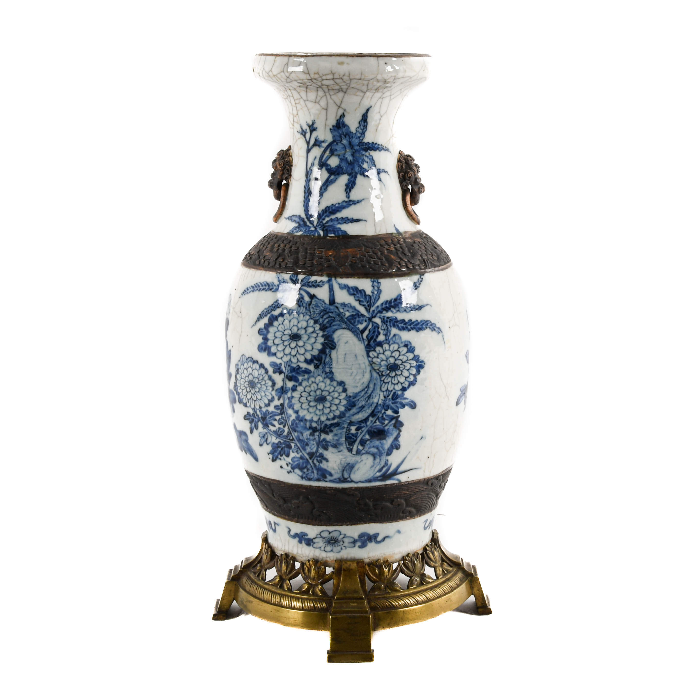 Chinese Blue and White Vase on Gilt Base-4