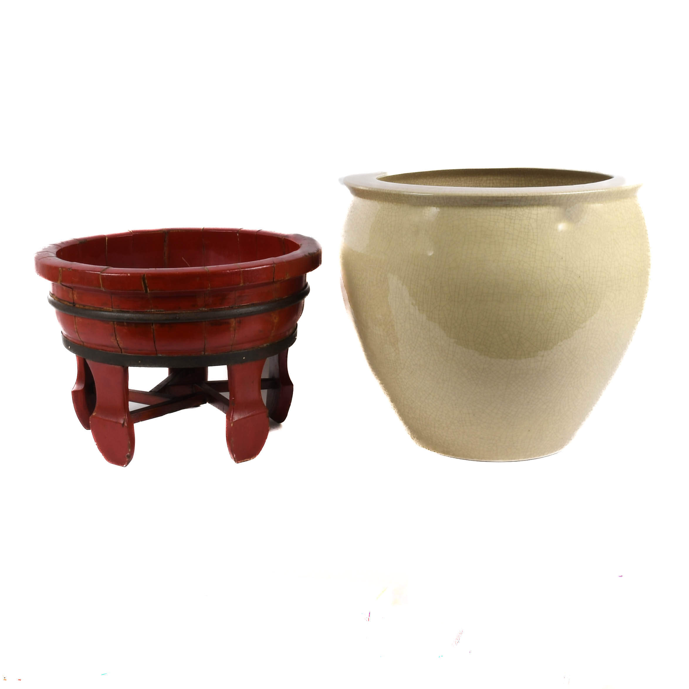 Large Ceramic Fishbowl Planter on Wood Stand-5