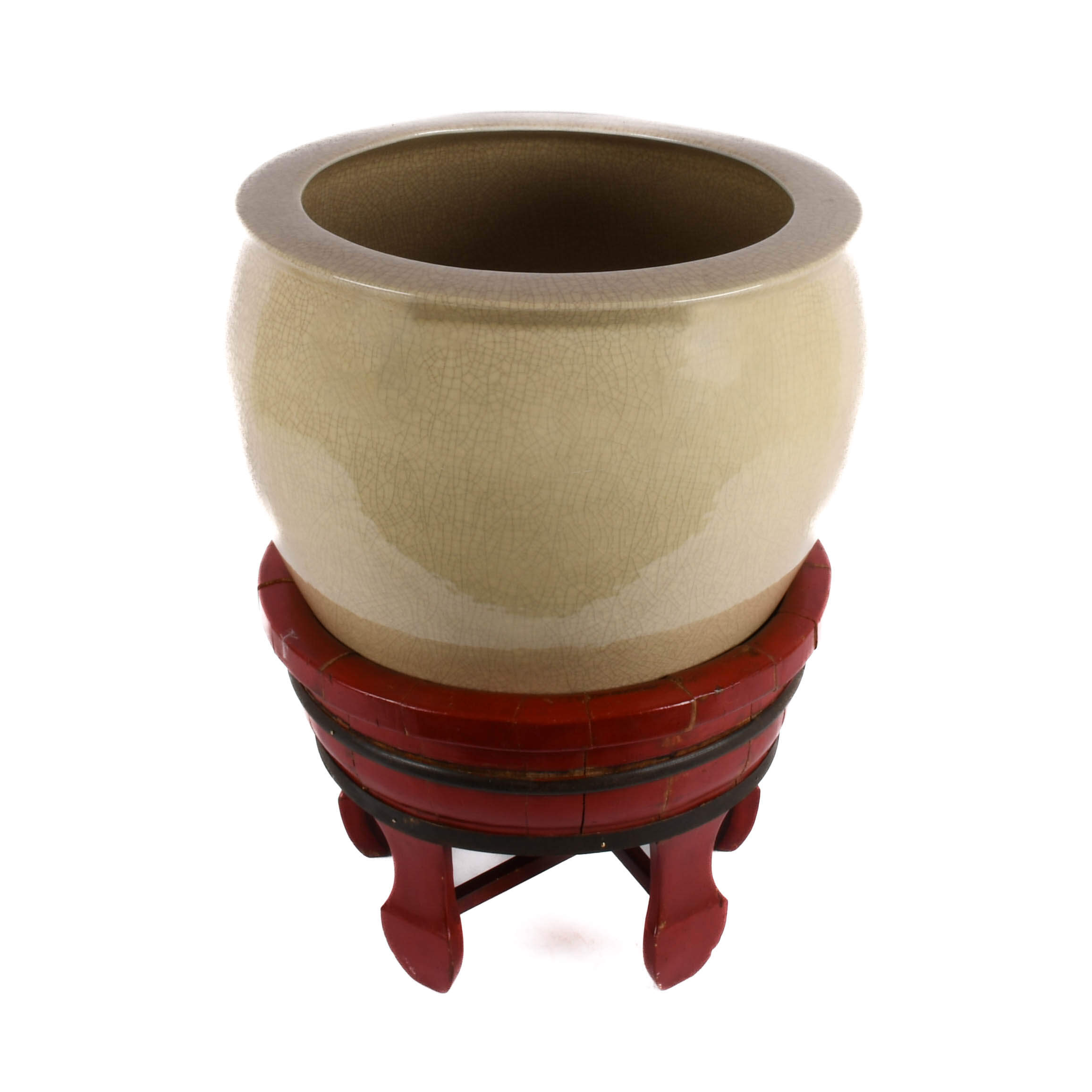 Large Ceramic Fishbowl Planter on Wood Stand-2