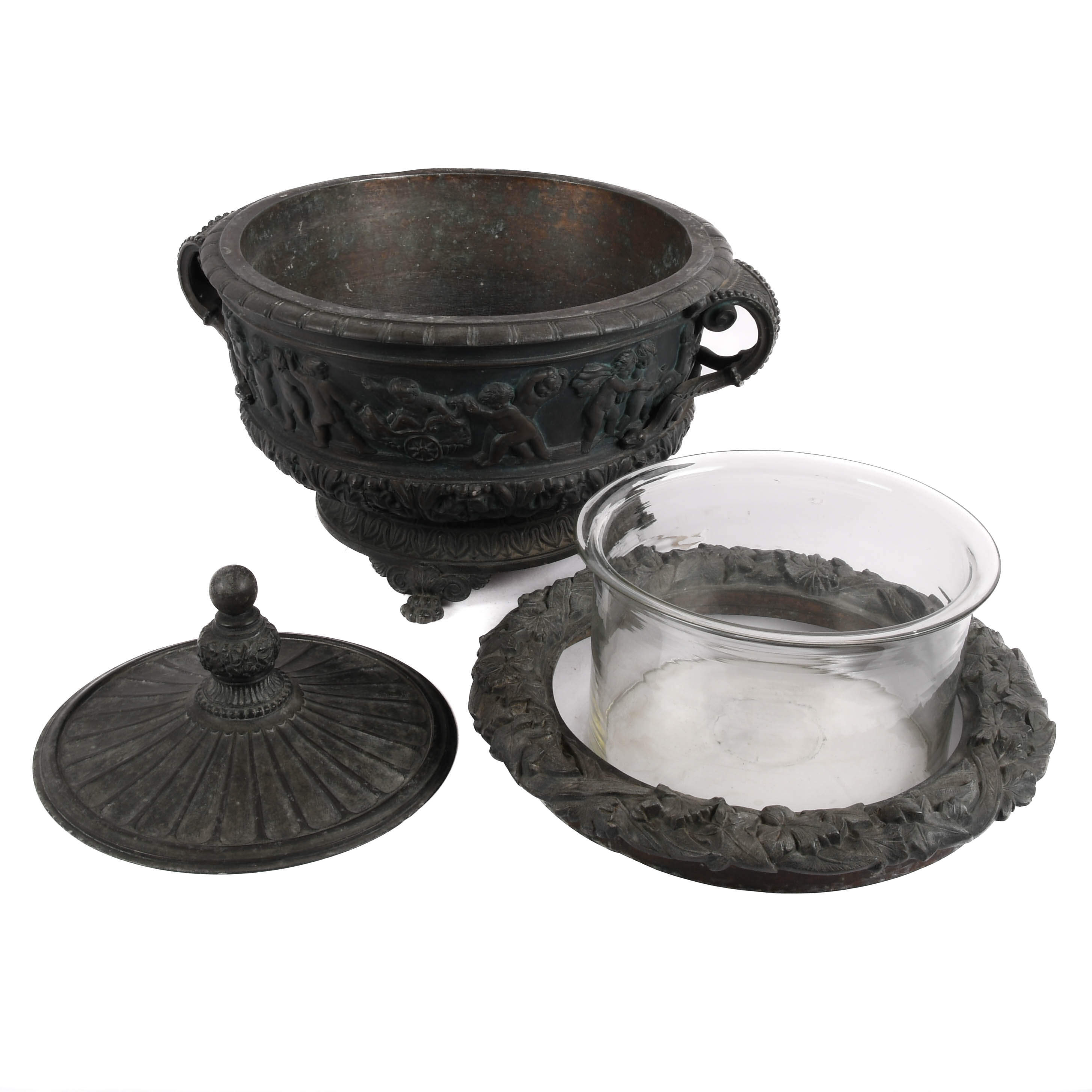 Large Antique Ornate Metalwork Footed and Lidded Urn with Glass Inset-5