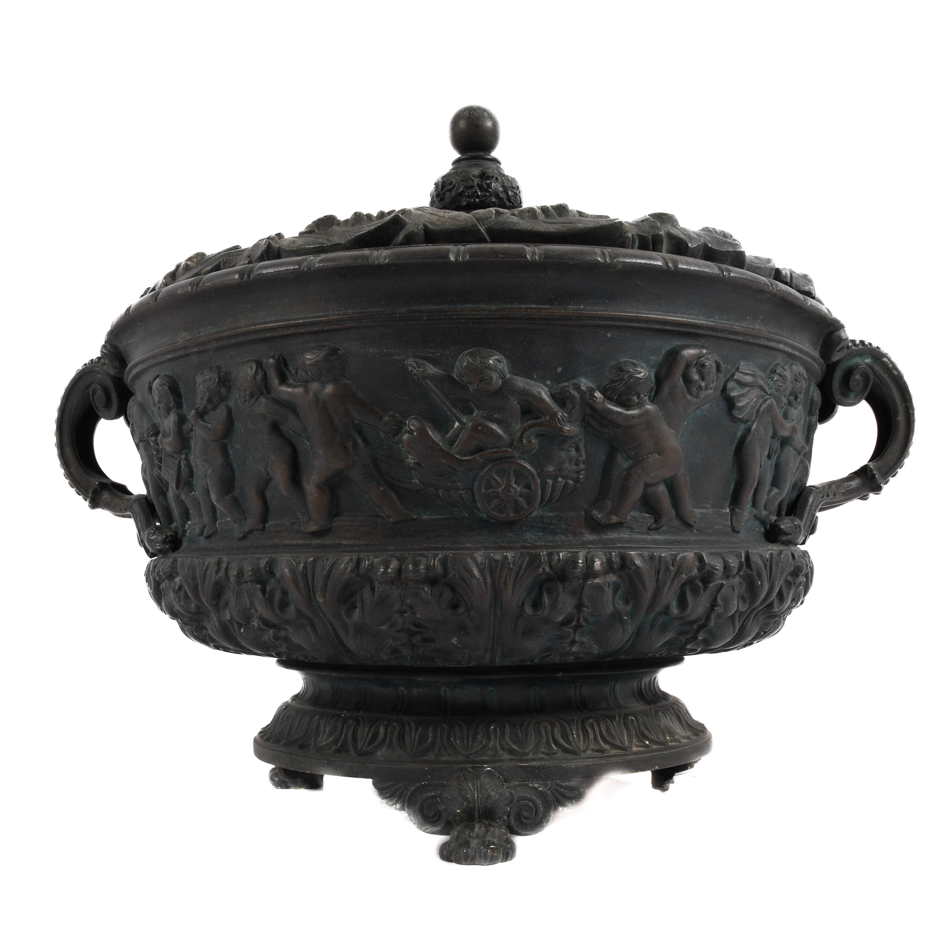 Large Antique Ornate Metalwork Footed and Lidded Urn with Glass Inset-4