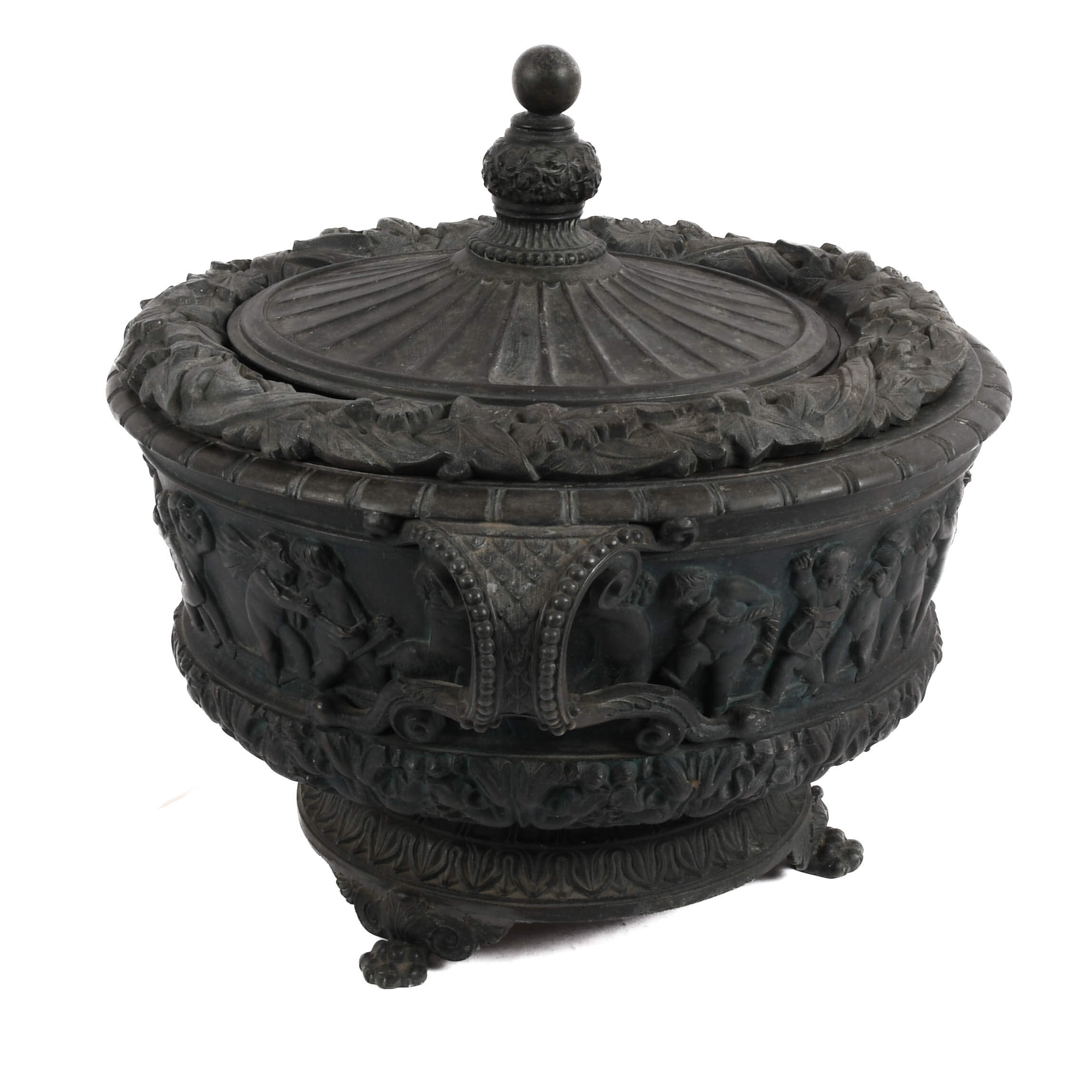Large Antique Ornate Metalwork Footed and Lidded Urn with Glass Inset-3