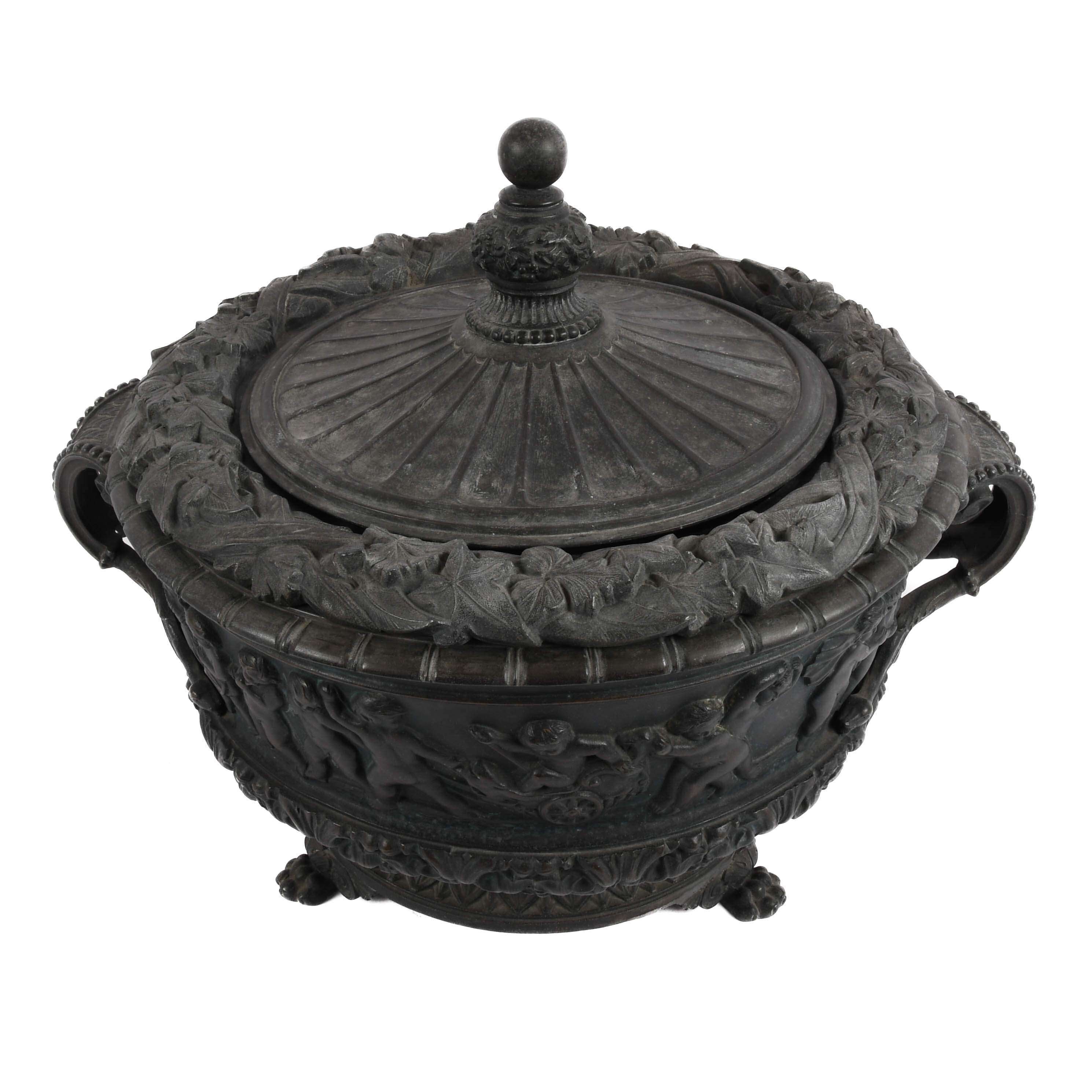 Large Antique Ornate Metalwork Footed and Lidded Urn with Glass Inset-2