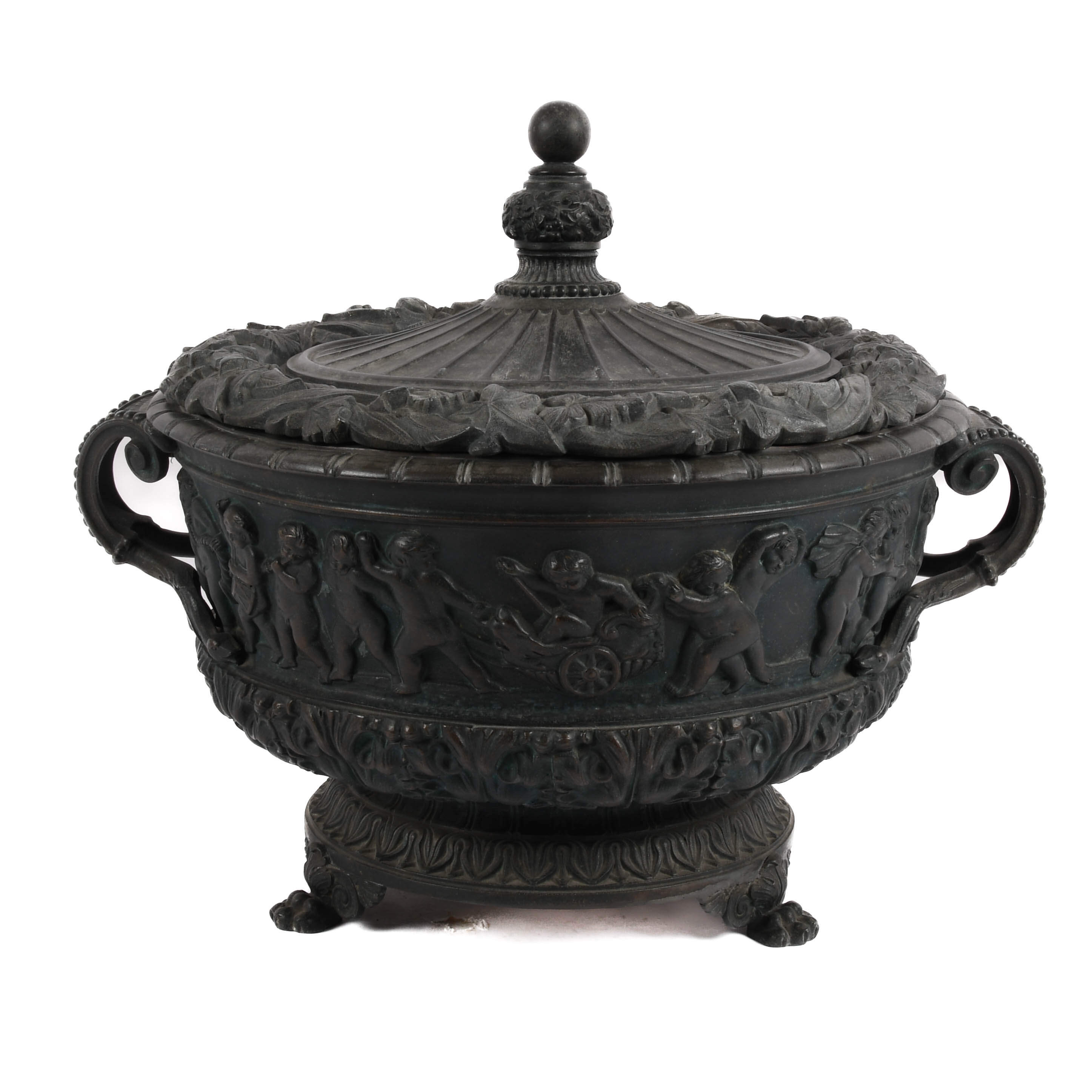 Large Antique Ornate Metalwork Footed and Lidded Urn with Glass Inset-1