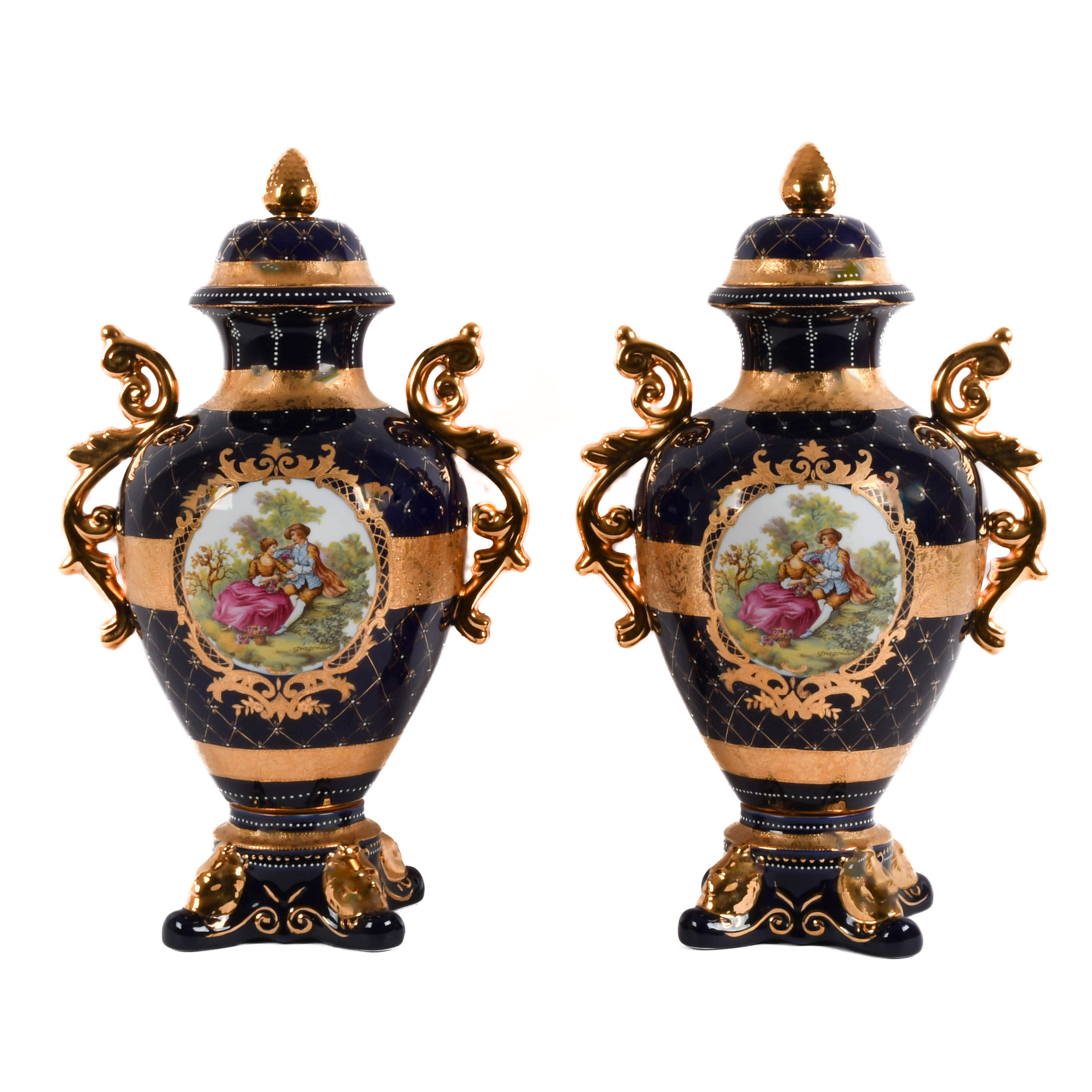 Pair of Porcelain Limoges Urns and Lids-1
