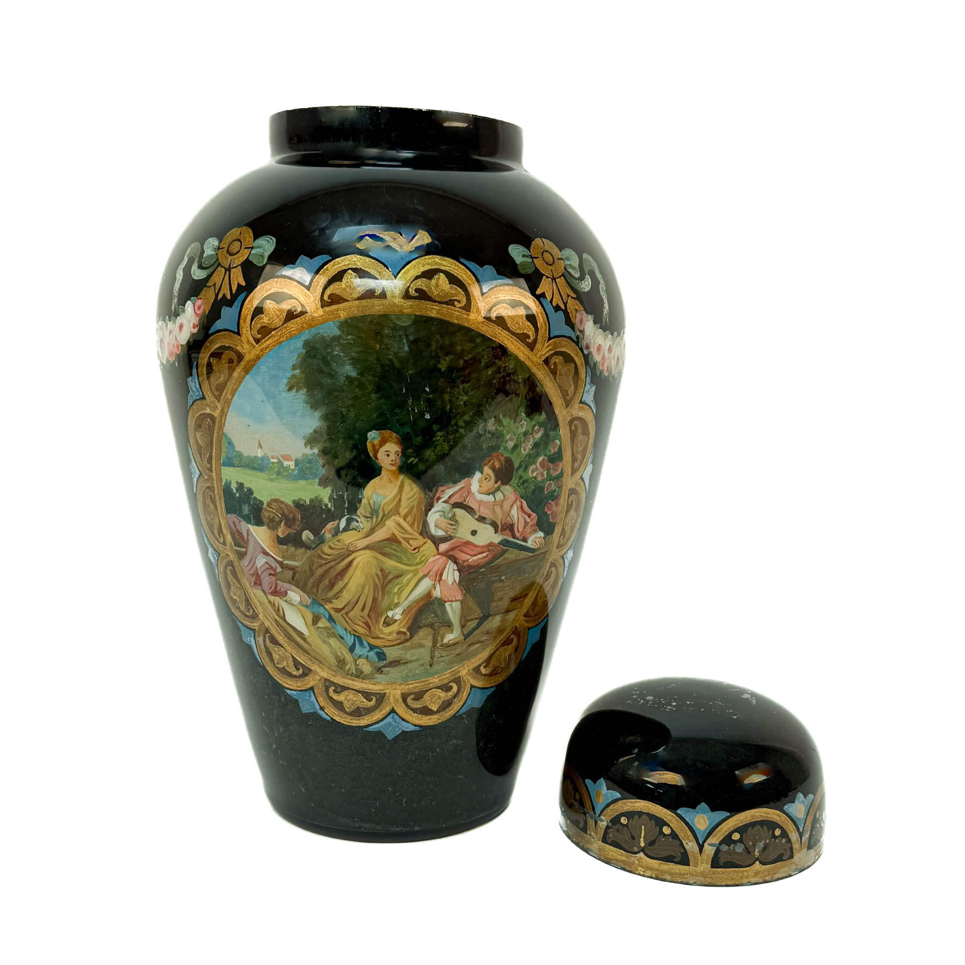 Large Reverse Hand-Painted Couple's Scene Glass Jar with Lid-4