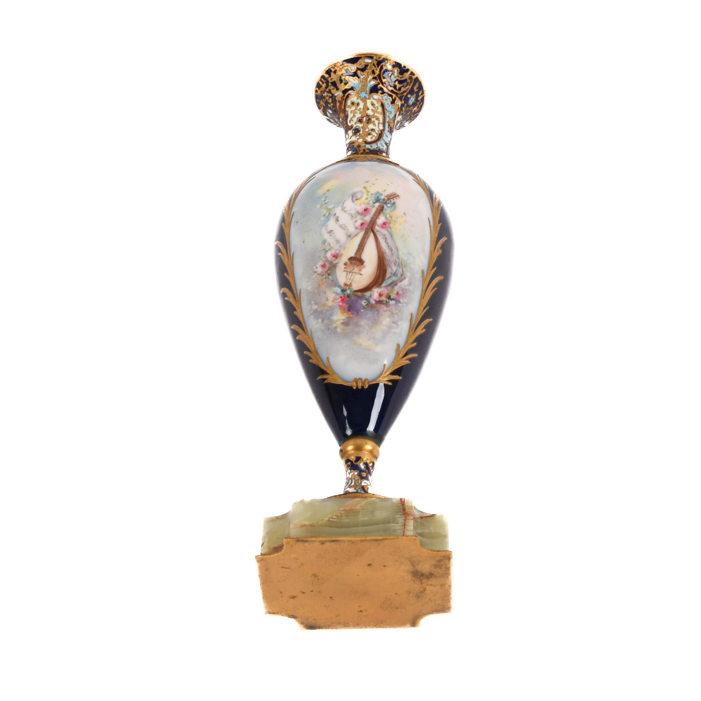 Antique French Hand-Painted and Champlevé Urn on Green Marble-8
