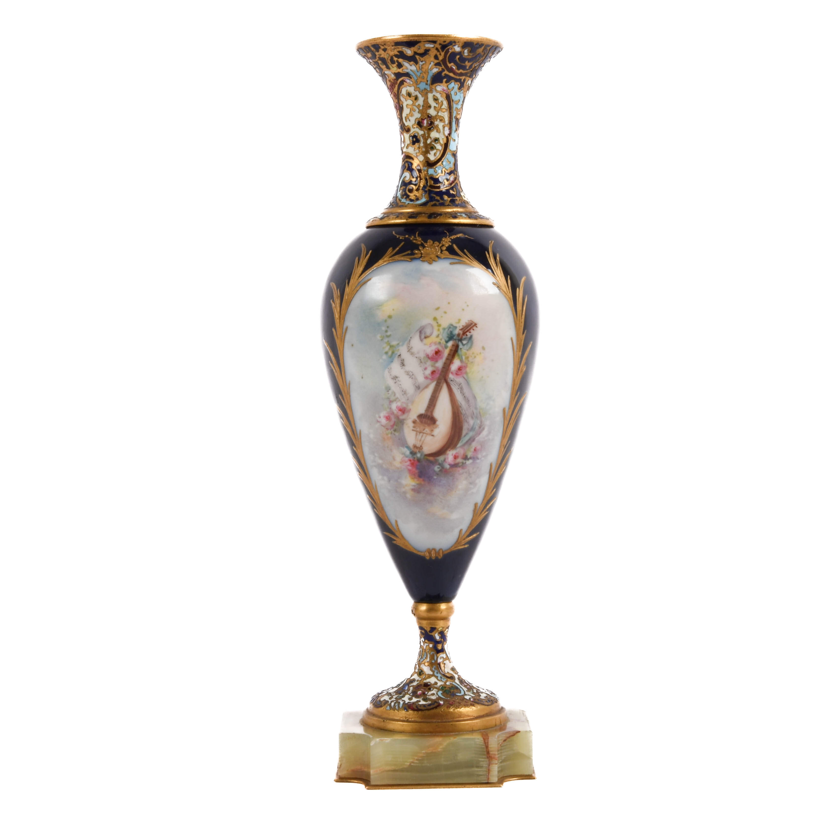 Antique French Hand-Painted and Champlevé Urn on Green Marble-6