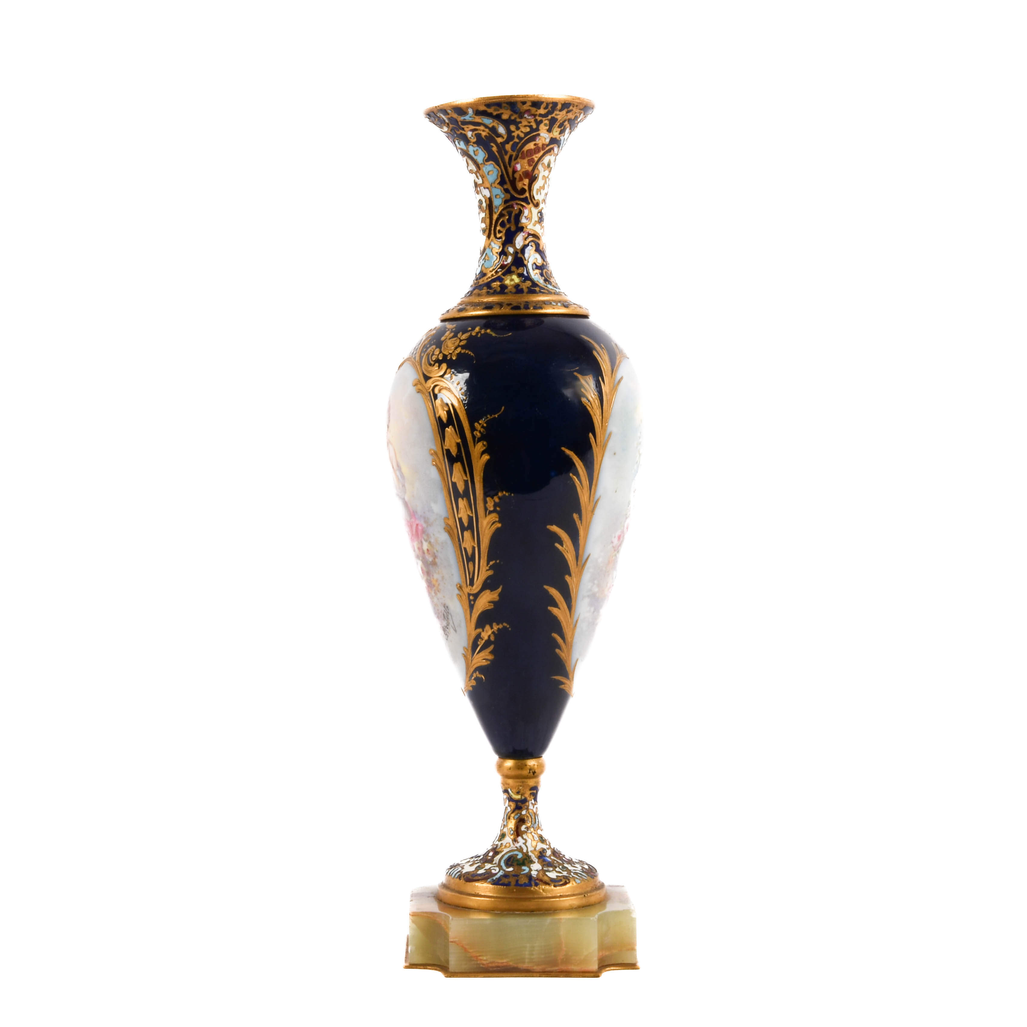 Antique French Hand-Painted and Champlevé Urn on Green Marble-5