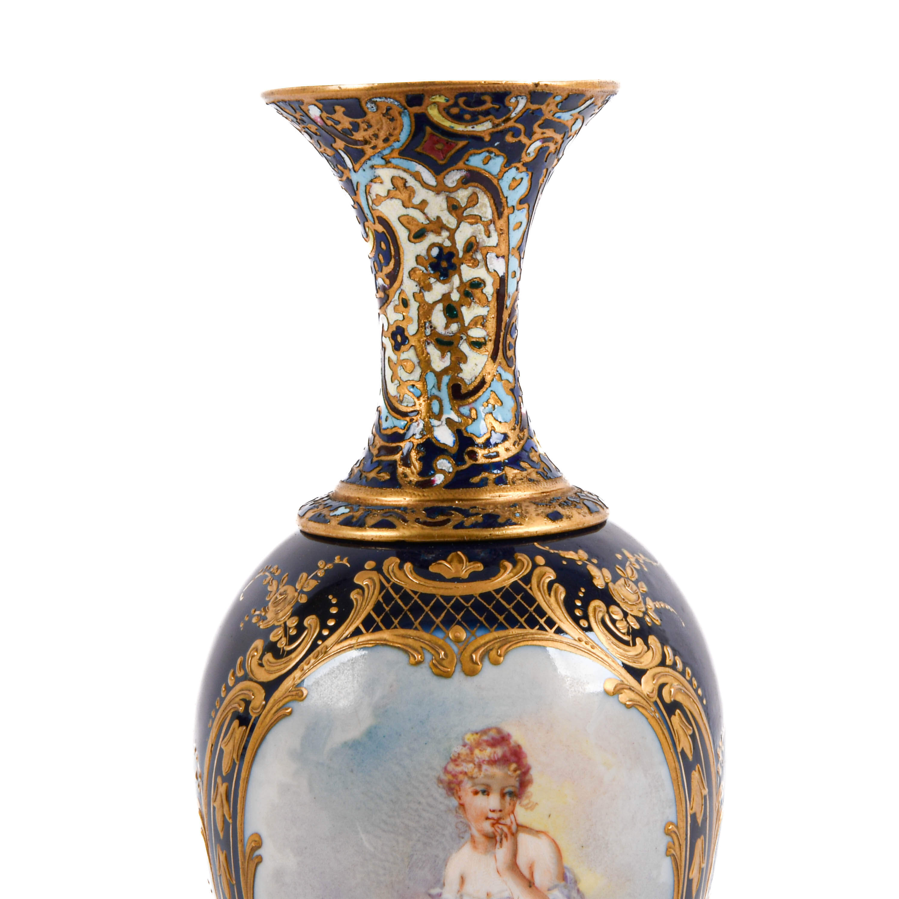 Antique French Hand-Painted and Champlevé Urn on Green Marble-2
