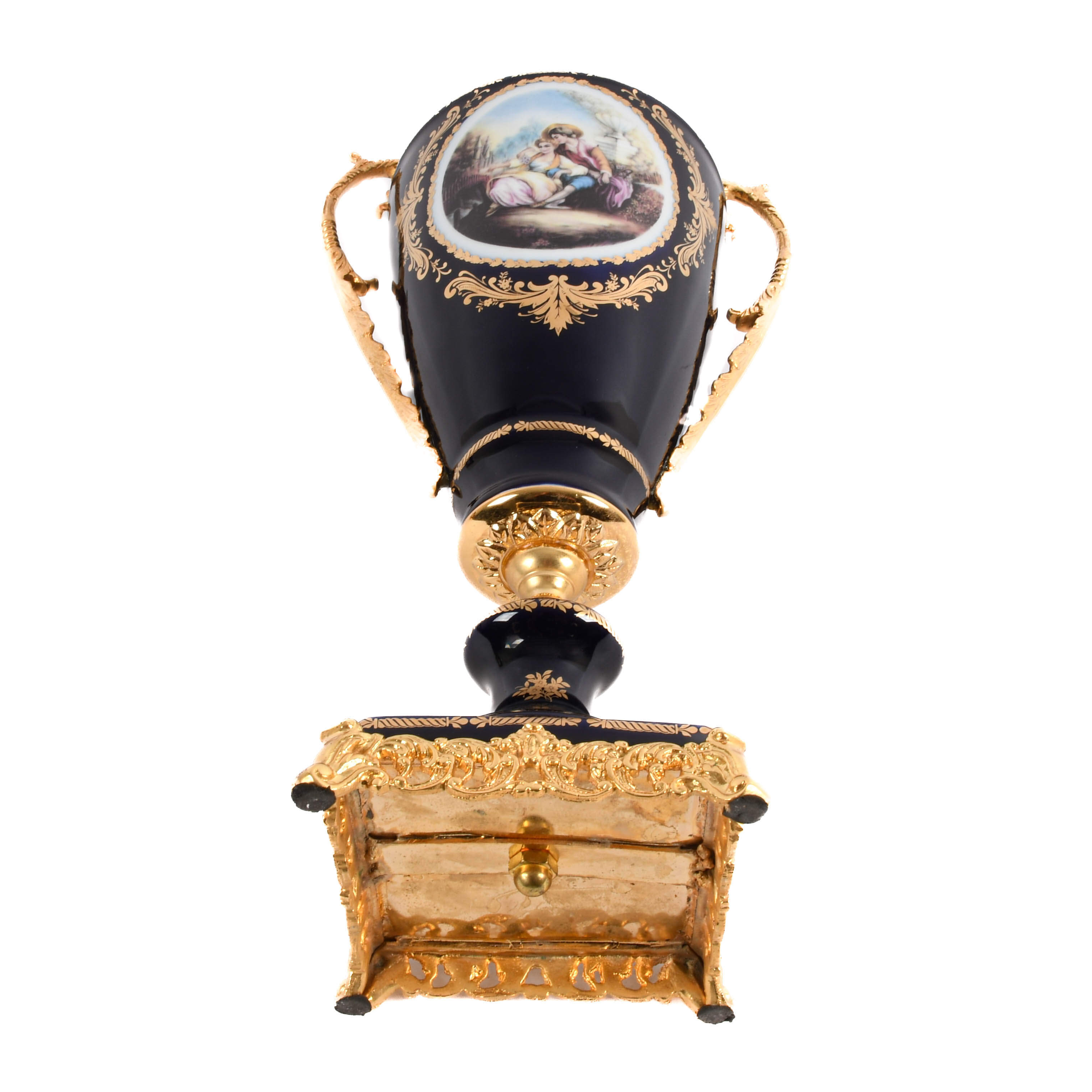 Large Decorated Limoges-Style Porcelain and Brass Vase-7