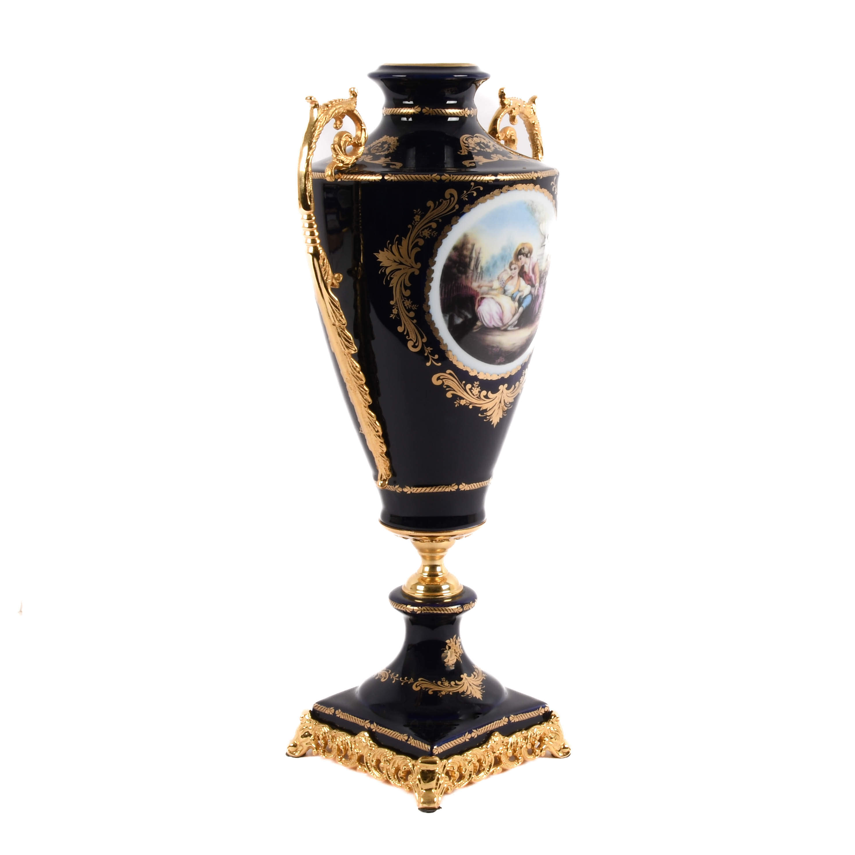 Large Decorated Limoges-Style Porcelain and Brass Vase-5