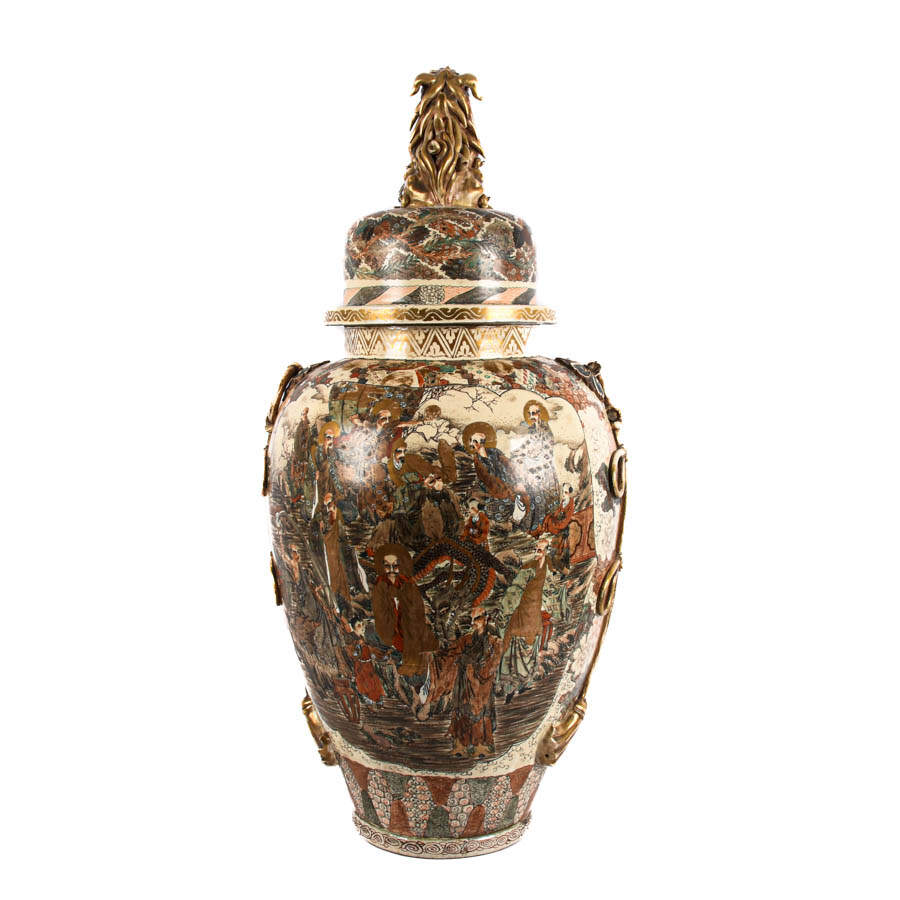 Palatial Satsuma Covered Figural Floor Vase-7
