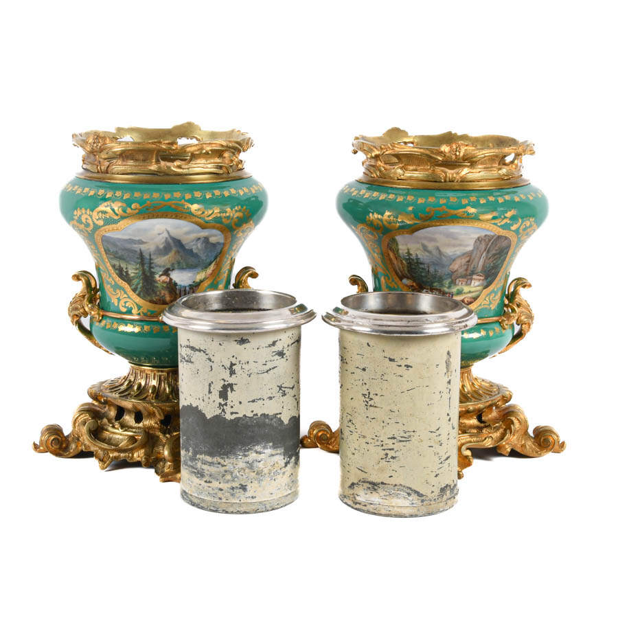 Antique Pair of Gilt Bronze and Sèvres-Style Hand-Painted Urns-8