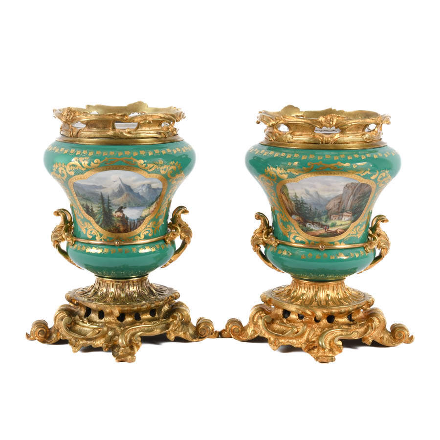 Antique Pair of Gilt Bronze and Sèvres-Style Hand-Painted Urns-6
