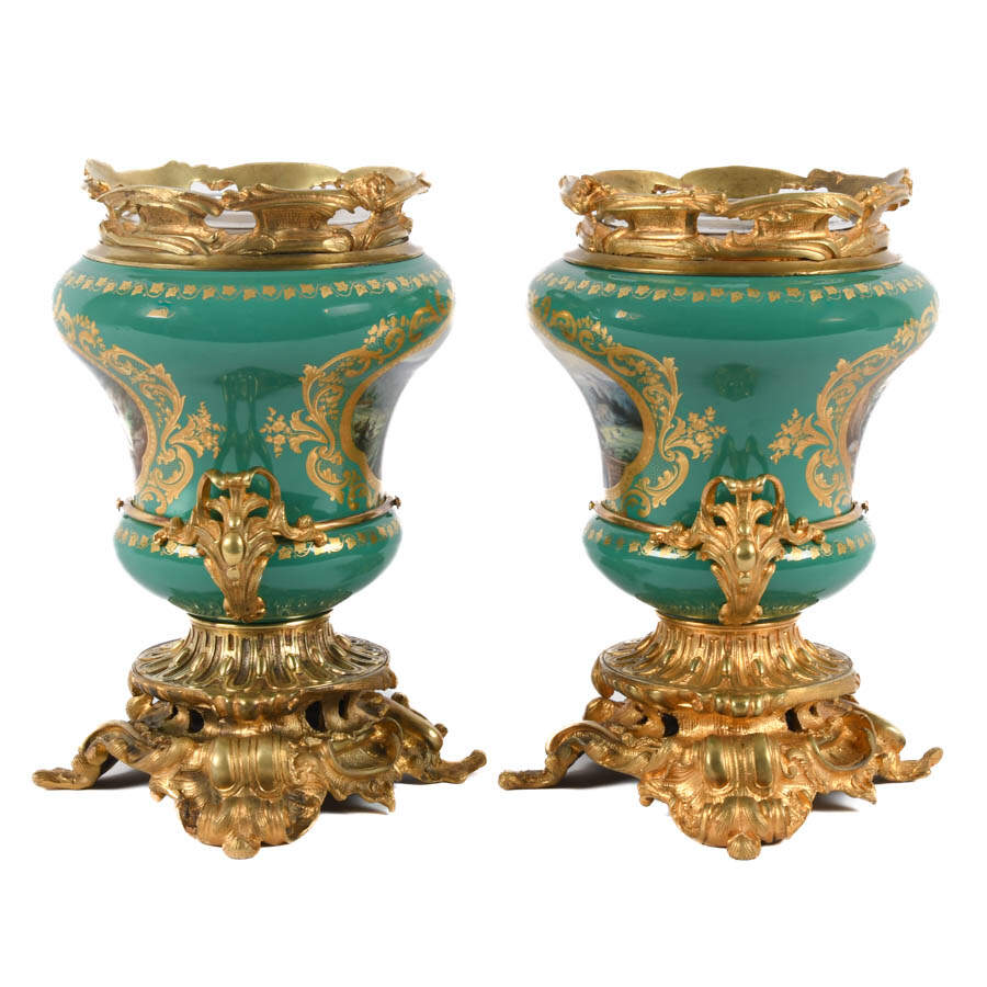 Antique Pair of Gilt Bronze and Sèvres-Style Hand-Painted Urns-5