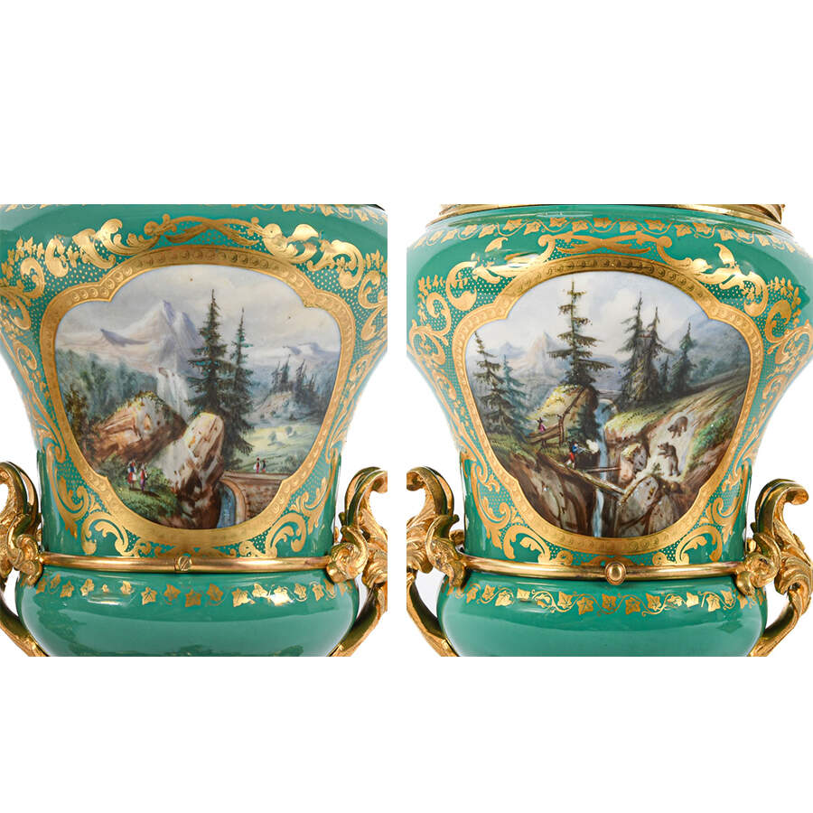 Antique Pair of Gilt Bronze and Sèvres-Style Hand-Painted Urns-2