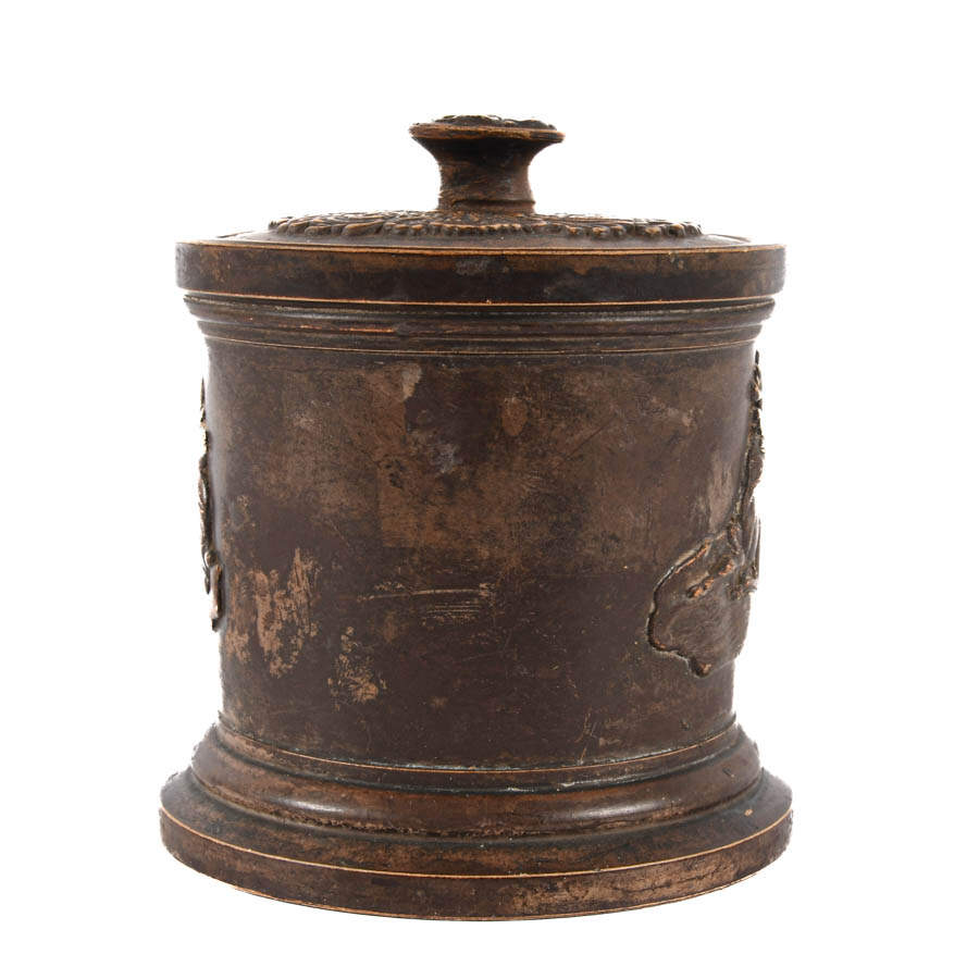 Antique Lidded Pottery Caddy with Resting Deer Motif-4