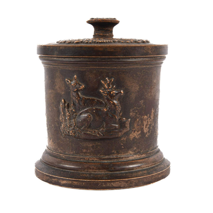 Antique Lidded Pottery Caddy with Resting Deer Motif-3