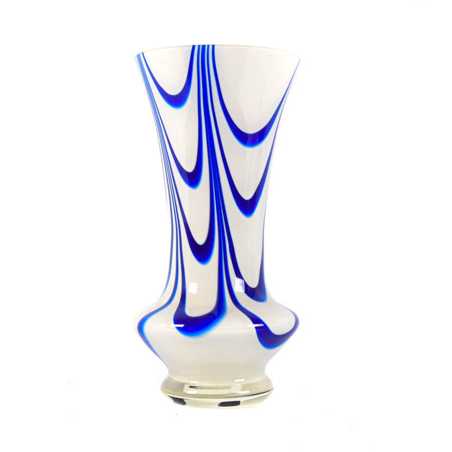 Hand-Blown Blue and White Swirl Art Glass Vase-3