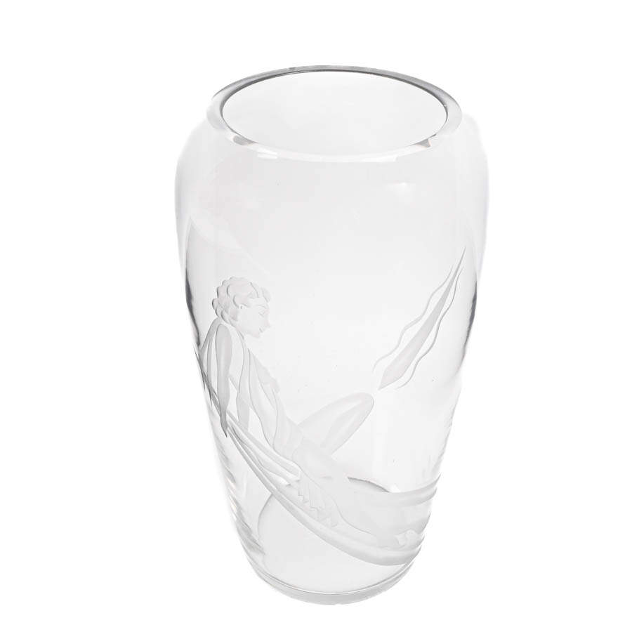 Etched Glass Art Deco Vase with Partial Nude Woman-1