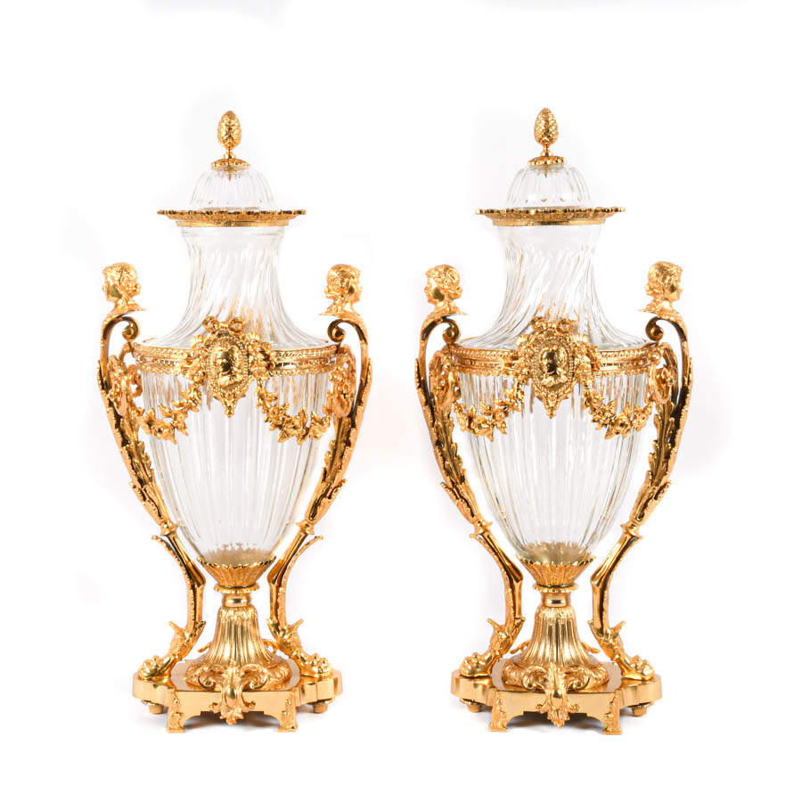 Matched Pair of Baccarat Gilt Bronze and Figural Urns-1