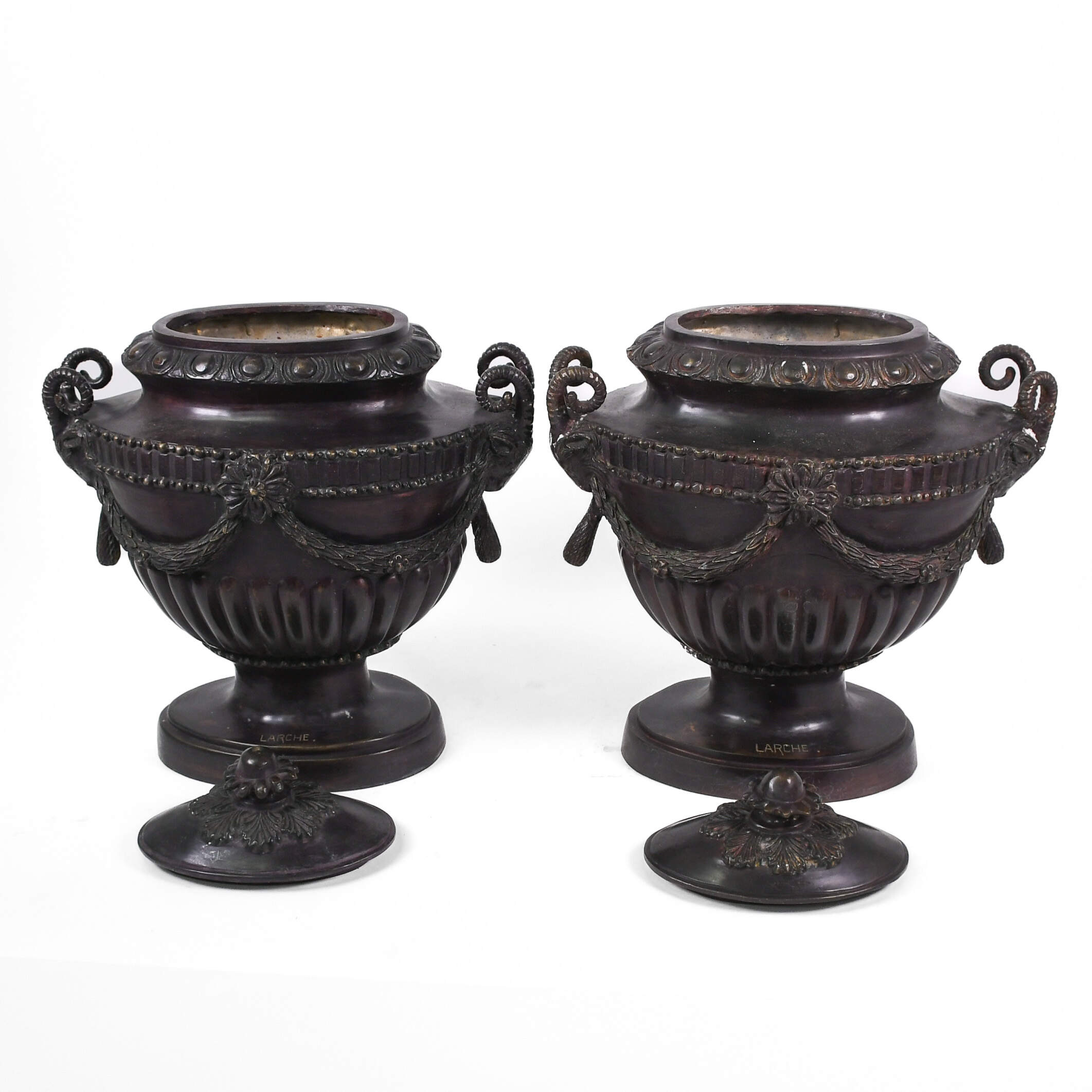 Pair of Bronze Maitland Smith Ram's Head Urns-4