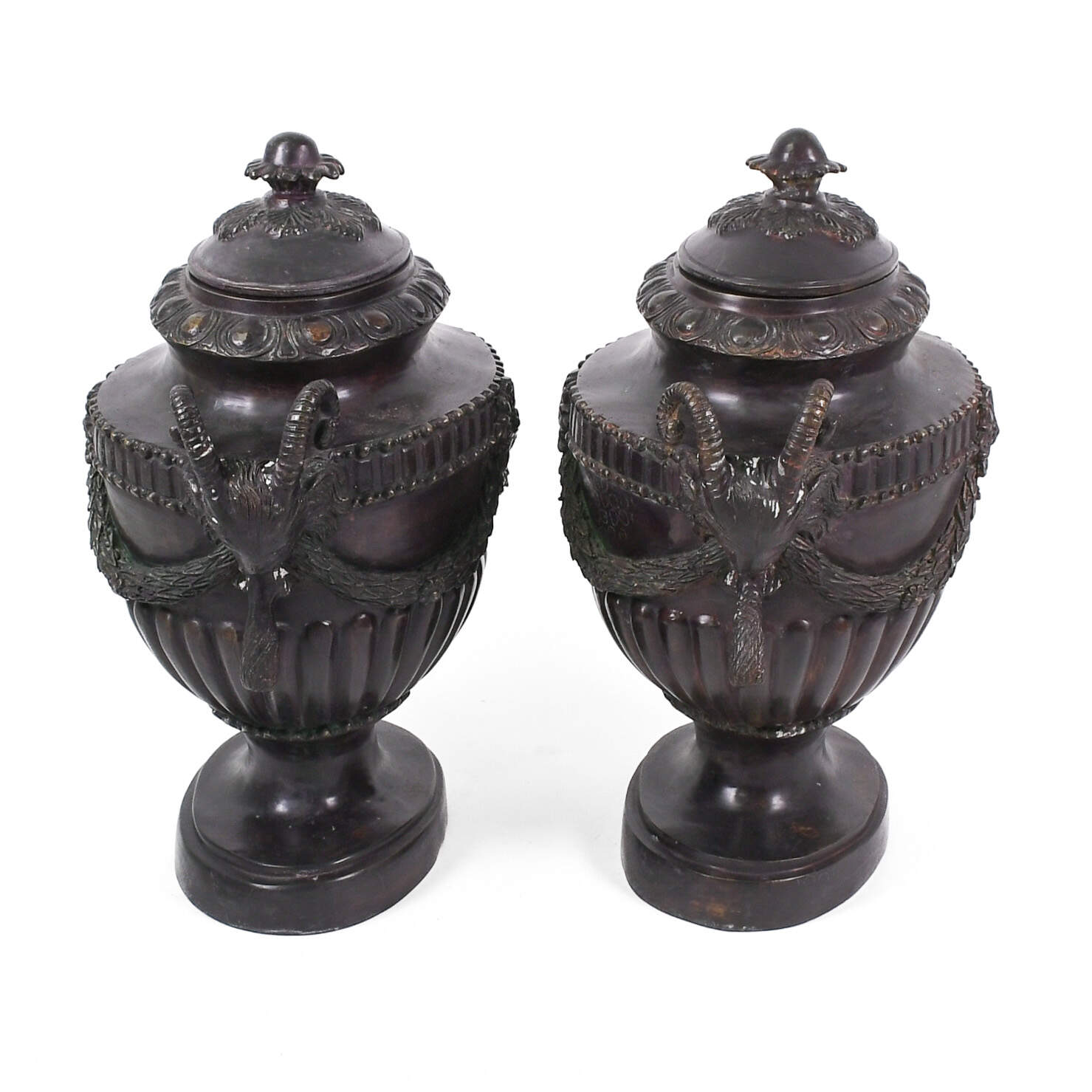Pair of Bronze Maitland Smith Ram's Head Urns-3
