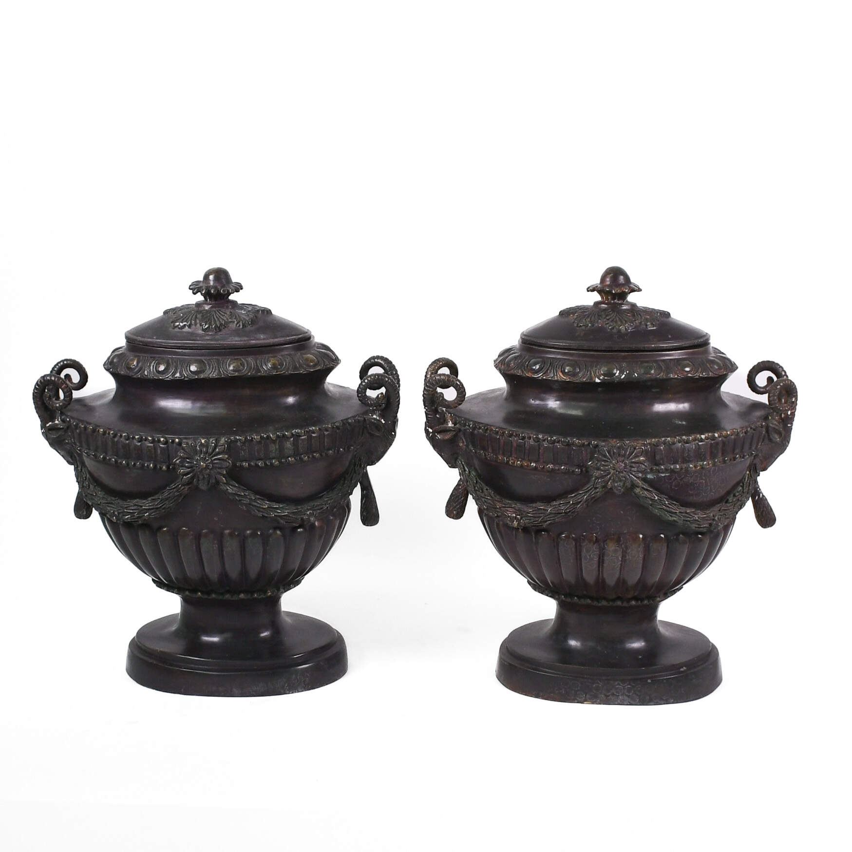 Pair of Bronze Maitland Smith Ram's Head Urns-2